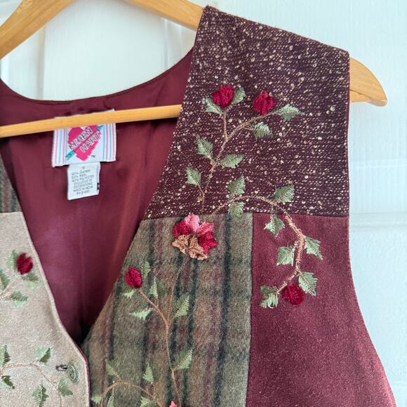 Keren Hart Vintage Suede Leather Wool Floral Plaid Patchwork Vest Burgundy Small - Picture 3 of 7